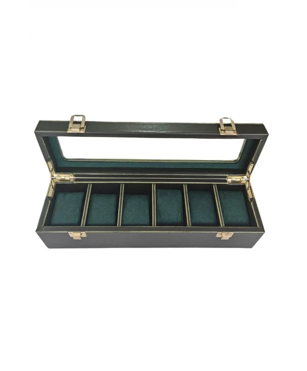Deri Lüx 6 Lı Saat Çantası,Kutusu Kilitli (Camlı) (Yeşil)