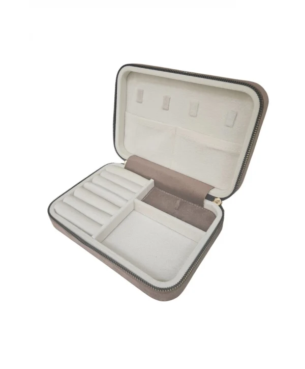 Fermuarlı (Ahşap Kasalı )Büyük boy Takı, Seyahat Ve Mücevher Çantası Kahverengi Süet(14x21 Cm)