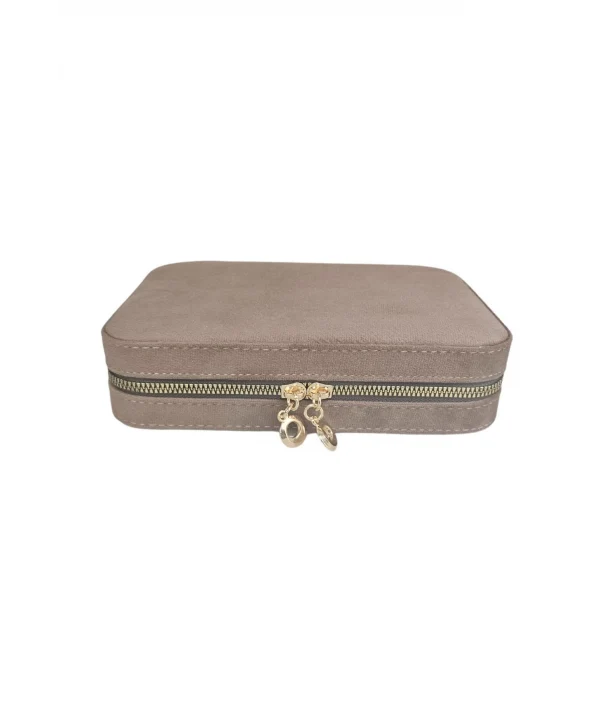 Fermuarlı (Ahşap Kasalı )Büyük boy Takı, Seyahat Ve Mücevher Çantası Kahverengi Süet(14x21 Cm)