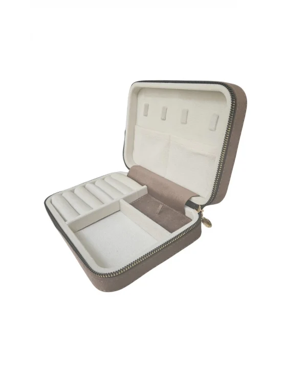 Fermuarlı (Ahşap Kasalı )Büyük boy Takı, Seyahat Ve Mücevher Çantası Kahverengi Süet(14x21 Cm)