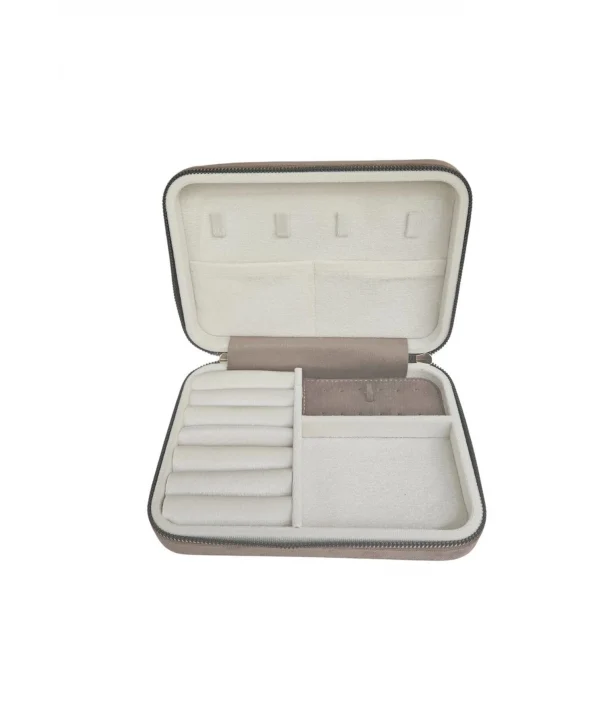 Fermuarlı (Ahşap Kasalı )Büyük boy Takı, Seyahat Ve Mücevher Çantası Kahverengi Süet(14x21 Cm)