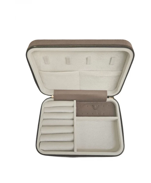 Fermuarlı (Ahşap Kasalı )Büyük boy Takı, Seyahat Ve Mücevher Çantası Kahverengi Süet(14x21 Cm)