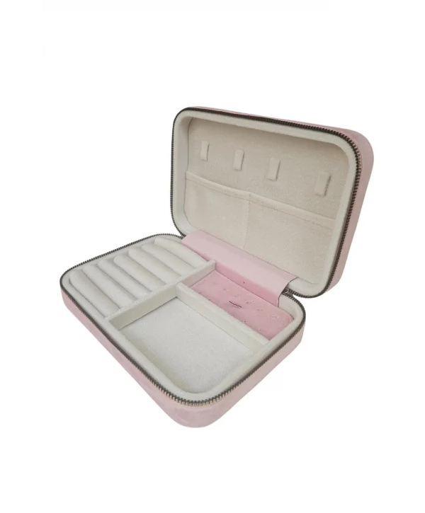 Fermuarlı (Ahşap Kasalı )Büyük boy Takı, Seyahat Ve Mücevher Çantası Pembe Süet(14x21 Cm)