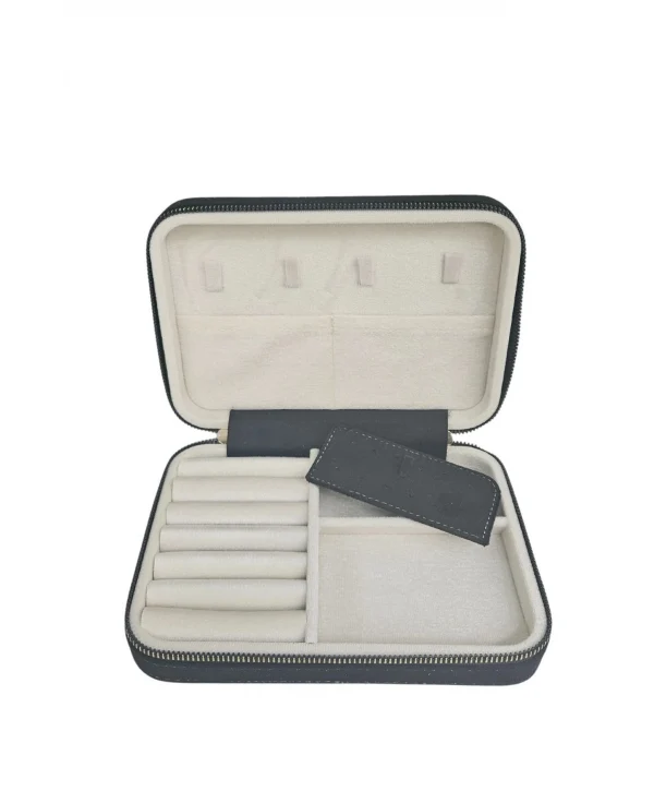 Fermuarlı (Ahşap Kasalı )Büyük boy Takı, Seyahat Ve Mücevher Çantası Siyah Süet(14x21 Cm)