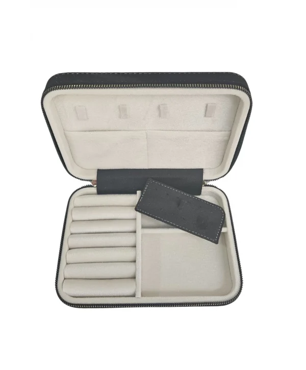 Fermuarlı (Ahşap Kasalı )Büyük boy Takı, Seyahat Ve Mücevher Çantası Siyah Süet(14x21 Cm)