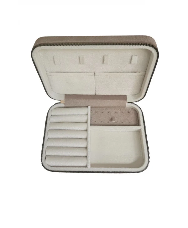 Fermuarlı (Ahşap Kasalı )Büyük boy Takı, Seyahat Ve Mücevher Çantası Vizon Süet(14x21 Cm)