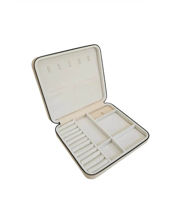 Fermuarlı Deri (ahşap Kasalı ) Jumbo Boy Takı, Seyahat Ve Mücevher Çantası,kutusu Krem (24x26 Cm)