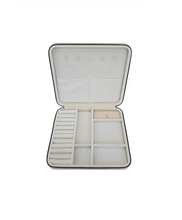 Fermuarlı Deri (ahşap Kasalı ) Jumbo Boy Takı, Seyahat Ve Mücevher Çantası,kutusu Krem (24x26 Cm)