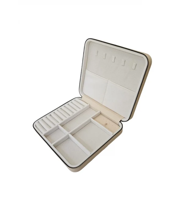 Fermuarlı Deri (ahşap Kasalı ) Jumbo Boy Takı, Seyahat Ve Mücevher Çantası,kutusu Krem (24x26 Cm)