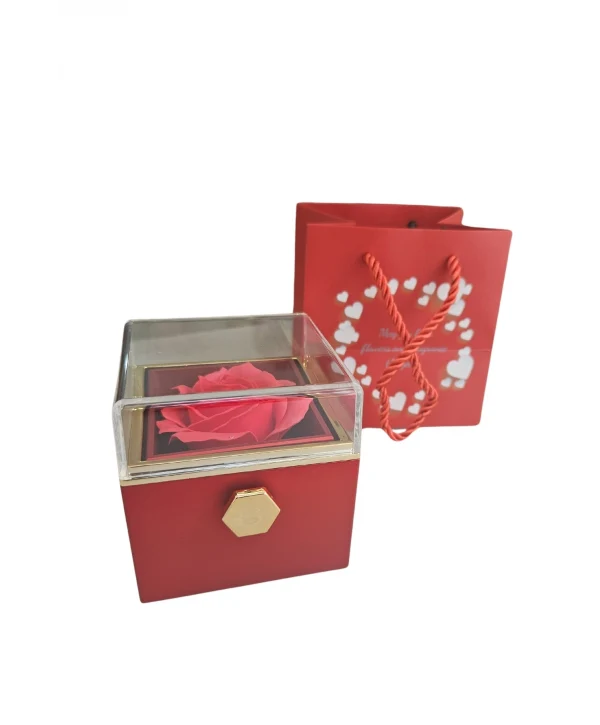İthal Sonsuz Dönen Güllü Yüzük & Kolye Kutusu (Karton Çantalı) Kırmızı