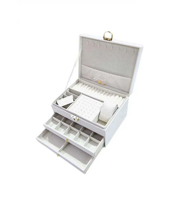 Lüks Anahtarlı Kapitoneli Deri Büyük Boy Takı, Seyahat Ve Mücevher Çantası,kutusu Beyaz (17x23 Cm )