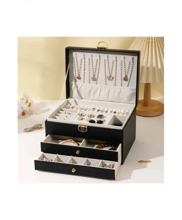 Lüks Anahtarlı Kapitoneli Deri Büyük Boy Takı, Seyahat Ve Mücevher Çantası,kutusu Siyah (17x23 Cm )