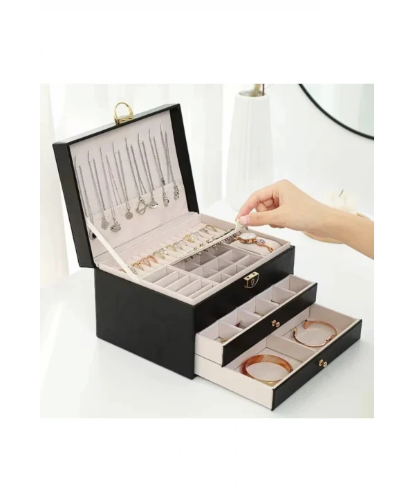 Lüks Anahtarlı Kapitoneli Deri Büyük Boy Takı, Seyahat Ve Mücevher Çantası,kutusu Siyah (17x23 Cm )