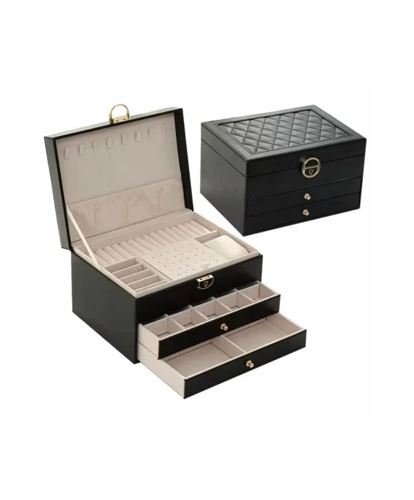 Lüks Anahtarlı Kapitoneli Deri Büyük Boy Takı, Seyahat Ve Mücevher Çantası,kutusu Siyah (17x23 Cm )