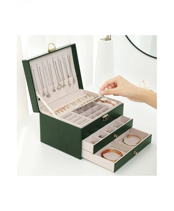 Lüks Anahtarlı Kapitoneli Deri Büyük Boy Takı, Seyahat Ve Mücevher Çantası,kutusu Yeşil(17x23 Cm )