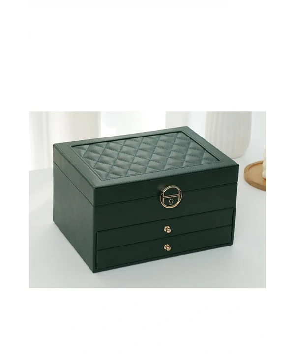 Lüks Anahtarlı Kapitoneli Deri Büyük Boy Takı, Seyahat Ve Mücevher Çantası,kutusu Yeşil(17x23 Cm )