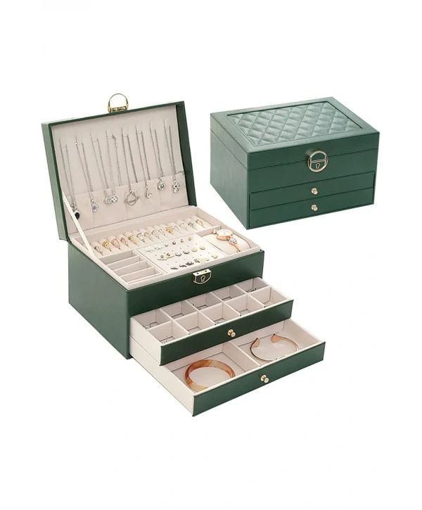 Lüks Anahtarlı Kapitoneli Deri Büyük Boy Takı, Seyahat Ve Mücevher Çantası,kutusu Yeşil(17x23 Cm )