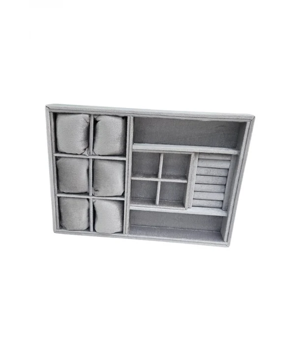 Organizatör Antrasit Süet Tabla Kolye & Yüzük Düzenleyici Ve Gözlük(6 Yastık)(4 Bölmeli)(rulo)