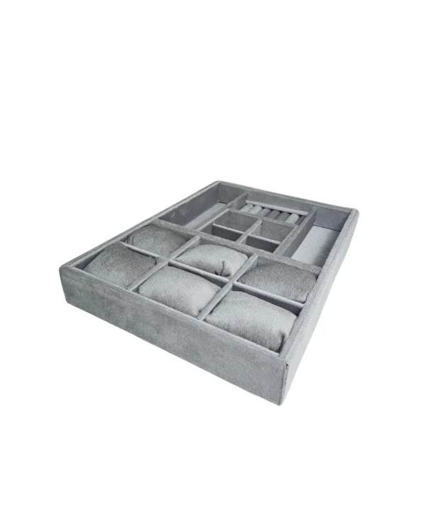 Organizatör Antrasit Süet Tabla Kolye & Yüzük Düzenleyici Ve Gözlük(6 Yastık)(4 Bölmeli)(rulo)