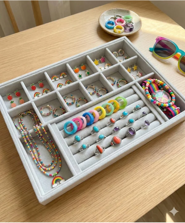 Organizatör Gri Süet Tabla Kolye & Yüzük Düzenleyici ve Gözlük(10+2 Bölmeli)(Rulo)