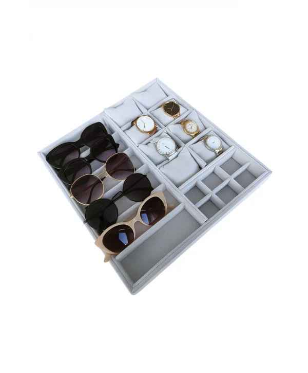 Organizatör Gri Süet Tabla Kolye & Yüzük Düzenleyici Ve Gözlük(8 Yastık)(6 Gözlük & 6 Bölmeli)36x38