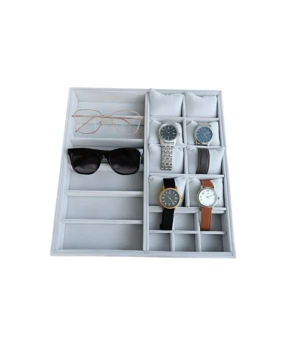 Organizatör Gri Süet Tabla Kolye & Yüzük Düzenleyici Ve Gözlük(8 Yastık)(6 Gözlük & 6 Bölmeli)36x38
