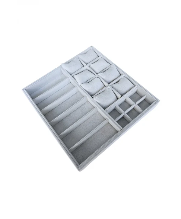 Organizatör Gri Süet Tabla Kolye & Yüzük Düzenleyici Ve Gözlük(8 Yastık)(6 Gözlük & 6 Bölmeli)36x38