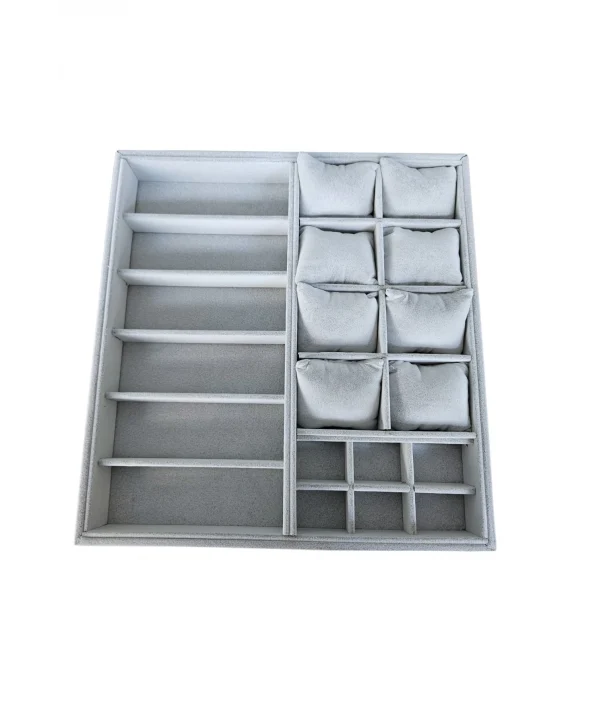 Organizatör Gri Süet Tabla Kolye & Yüzük Düzenleyici Ve Gözlük(8 Yastık)(6 Gözlük & 6 Bölmeli)36x38