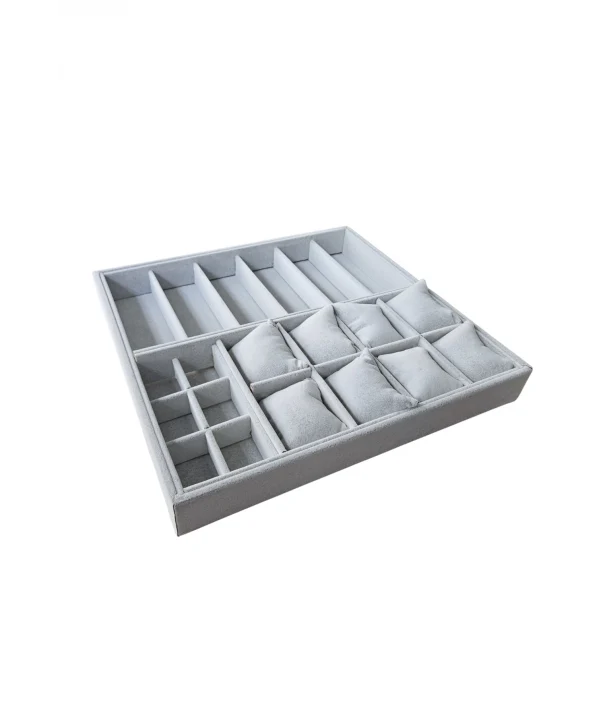 Organizatör Gri Süet Tabla Kolye & Yüzük Düzenleyici Ve Gözlük(8 Yastık)(6 Gözlük & 6 Bölmeli)36x38