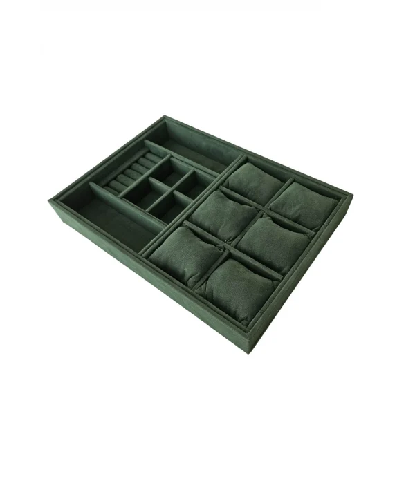 Organizatör Koyu Yeşil Süet Tabla Kolye & Yüzük Düzenleyici Ve Gözlük(6 Yastık)(4 Bölmeli)(rulo)