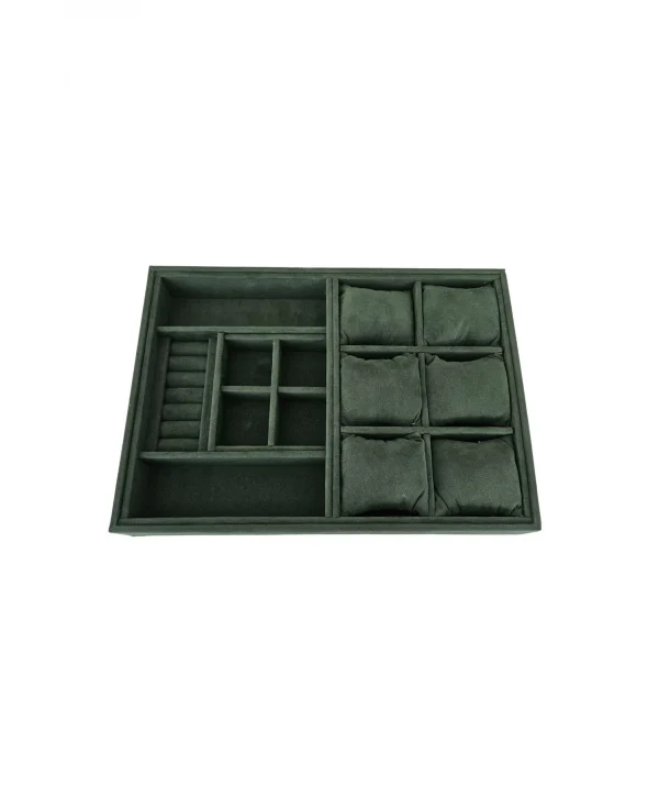 Organizatör Koyu Yeşil Süet Tabla Kolye & Yüzük Düzenleyici Ve Gözlük(6 Yastık)(4 Bölmeli)(rulo)