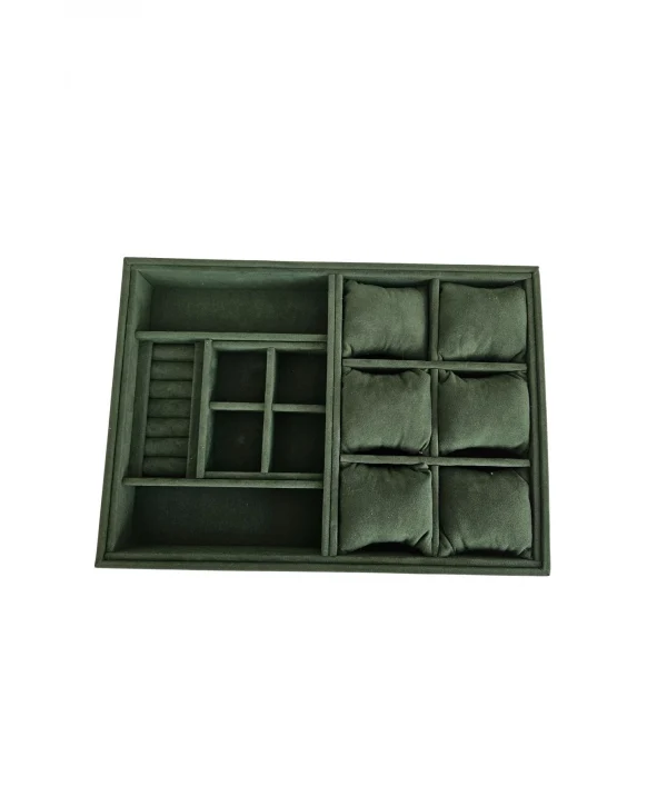 Organizatör Koyu Yeşil Süet Tabla Kolye & Yüzük Düzenleyici Ve Gözlük(6 Yastık)(4 Bölmeli)(rulo)