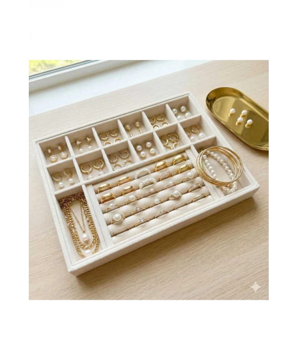 Organizatör Krem Süet Tabla Kolye & Yüzük Düzenleyici Ve Gözlük(10+2 Bölmeli)(rulo)