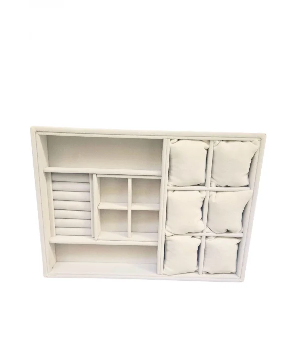 Organizatör Krem Süet Tabla Kolye & Yüzük Düzenleyici Ve Gözlük(6 Yastık)(4 Bölmeli)(rulo)