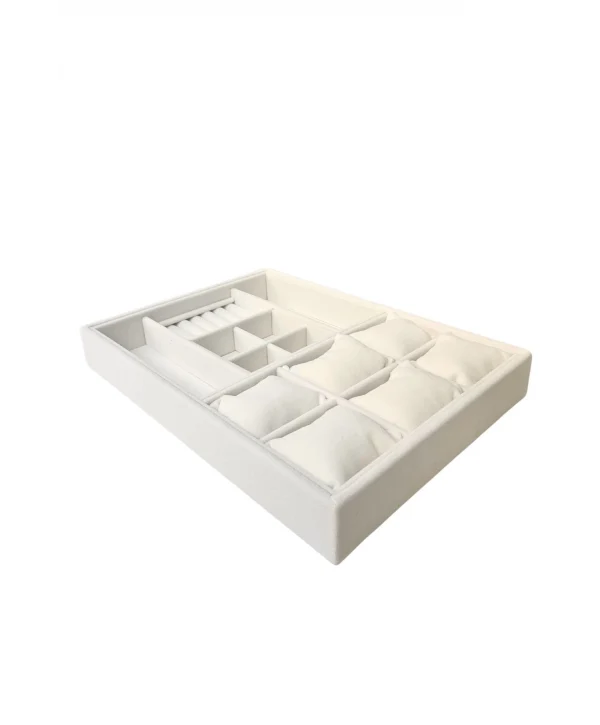 Organizatör Krem Süet Tabla Kolye & Yüzük Düzenleyici Ve Gözlük(6 Yastık)(4 Bölmeli)(rulo)