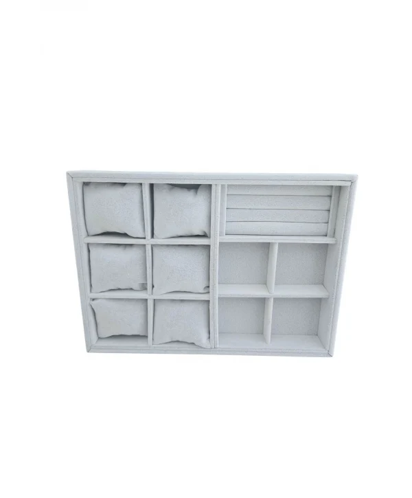 Organizatör Özer3 Gri Süet Tabla Kolye & Yüzük Düzenleyici Ve Gözlük(6 Yastık)(4 Bölmeli)(rulo)