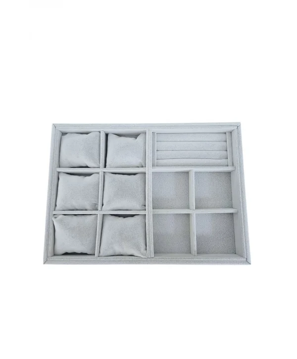 Organizatör Özer3 Gri Süet Tabla Kolye & Yüzük Düzenleyici Ve Gözlük(6 Yastık)(4 Bölmeli)(rulo)