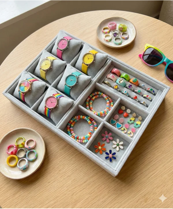 Organizatör Özer3 Gri Süet Tabla Kolye & Yüzük Düzenleyici Ve Gözlük(6 Yastık)(4 Bölmeli)(rulo)