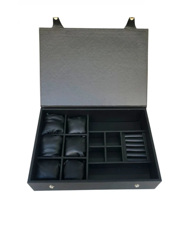 Organizatör Siyah Deri Çıtçıtlı Kutu Kolye & Yüzük Düzenleyici Ve Gözlük(6 Yastık)(4 Bölmeli)(rulo)
