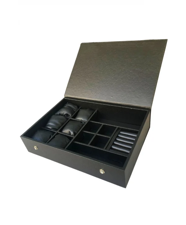 Organizatör Siyah Deri Çıtçıtlı Kutu Kolye & Yüzük Düzenleyici Ve Gözlük(6 Yastık)(4 Bölmeli)(rulo)