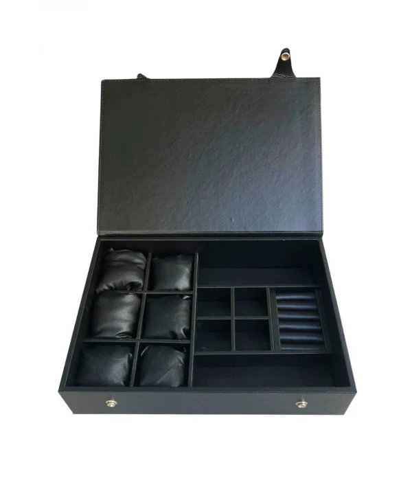 Organizatör Siyah Deri Çıtçıtlı Kutu Kolye & Yüzük Düzenleyici Ve Gözlük(6 Yastık)(4 Bölmeli)(rulo)