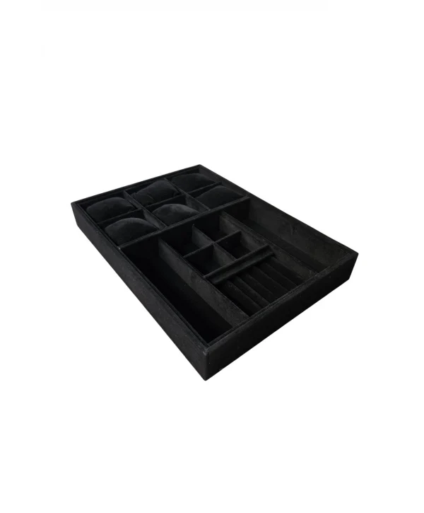 Organizatör Siyah Süet Tabla Kolye & Yüzük Düzenleyici Ve Gözlük(6 Yastık)(4 Bölmeli)(rulo)