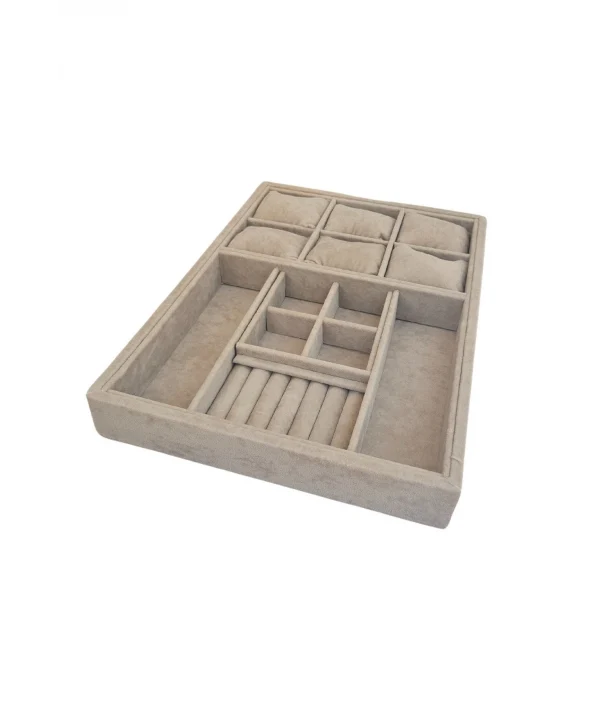 Organizatör Sütlü Kahve Süet Tabla Kolye & Yüzük Düzenleyici Ve Gözlük(6 Yastık)(4 Bölmeli)(rulo)