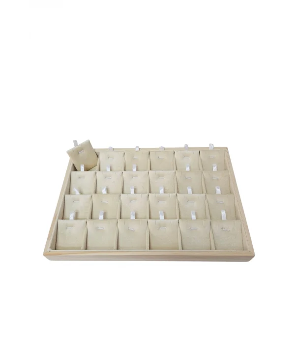 Süet Bölmeli Kolye Küpe Tablası (Ahşap Kasalı) 18li (Krem)