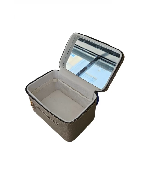 Taşıma Kulplu Deri Aynalı Makyaj,Bakım Ve Seyahat Çantası,kutusu Vizon (14x21x14 cm)