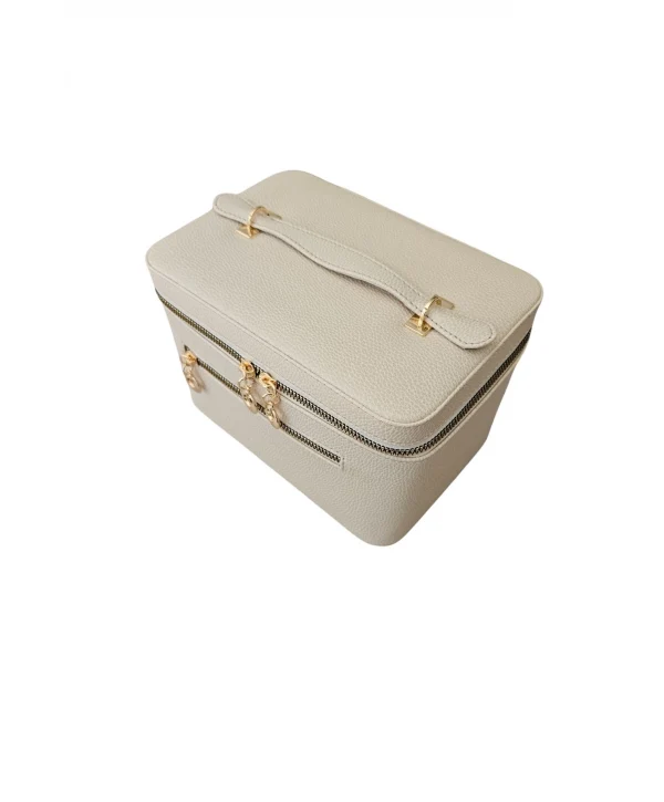 Taşıma Kulplu Deri Aynalı Makyaj,Bakım Ve Seyahat Çantası,kutusu Krem (14x21x14 cm)