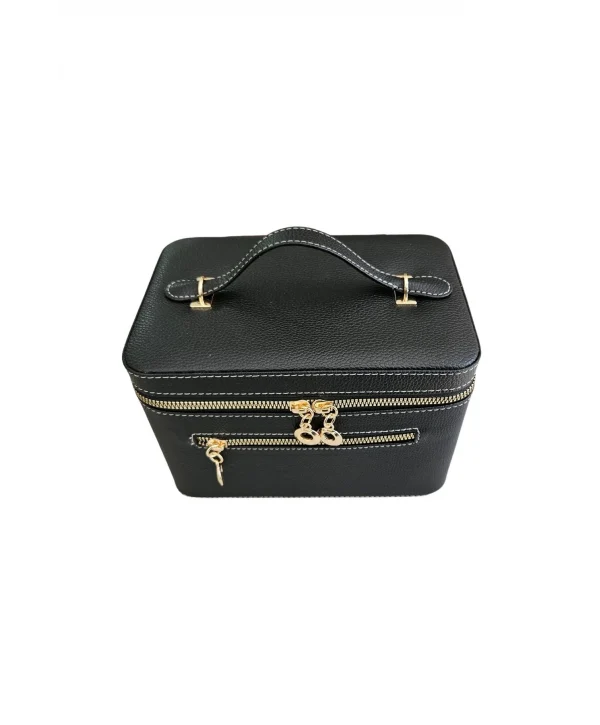 Taşıma Kulplu Deri Aynalı Makyaj,Bakım Ve Seyahat Çantası,kutusu Siyah (14x21x14 cm)