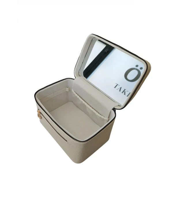 Taşıma Kulplu Deri Aynalı Makyaj,Bakım Ve Seyahat Çantası,kutusu Krem (14x21x14 cm)