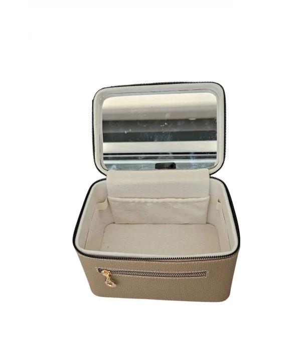 Taşıma Kulplu Deri Aynalı Makyaj,Bakım Ve Seyahat Çantası,kutusu Vizon (14x21x14 cm)