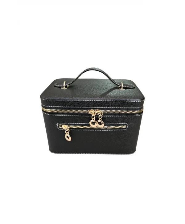 Taşıma Kulplu Deri Aynalı Makyaj,Bakım Ve Seyahat Çantası,kutusu Siyah (14x21x14 cm)